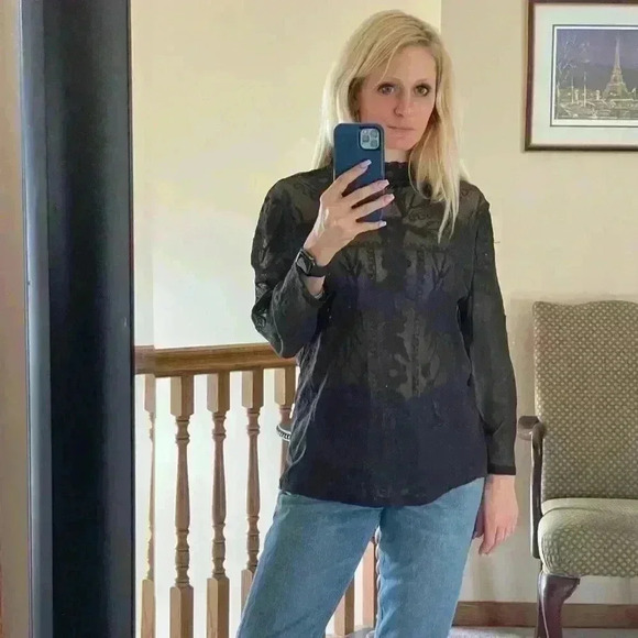 Sundance Dark Brown Sheer Lace Mock Neck Top in a Size Large. - Picture 9 of 12